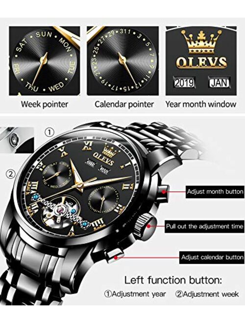 Automatic Watch(No Battery Required) Swiss Brand OLEVS Men's Wrist Watches Self-Wind Mechanical Watches Fashion Classic Tourbillon Skeleton Moon Phase Luminous Hands Roma