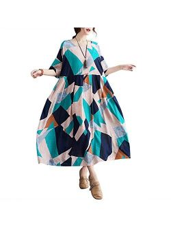 Romacci Women Cotton Linen Vintage Baggy Dress Contrast Color Boho Casual Dress