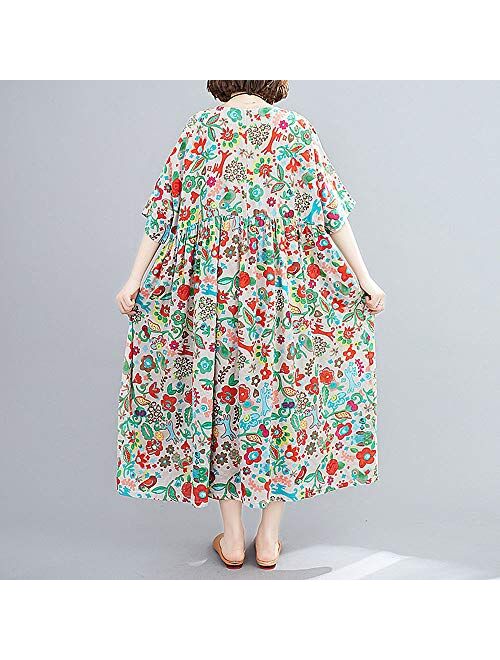 Romacci Women Baggy Cotton Linen Dress Floral Vintage Loose Long Pockets Dress