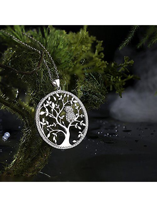 925 Sterling Silver Owl Tree of Life Pendant Necklace with 18 Inch Chain
