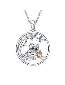 POPLYKE Owl Necklace for Women Sterling Silver Mother Daughter Tree of Life Necklace for Mom Daughter Girls (silver-owl necklace)