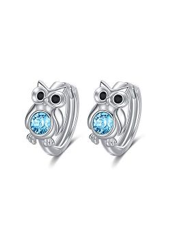 Sterling Silver Owl Hoop Earrings with Birthstone Crystals, Owl Jewelry Gifts for Women Daughter