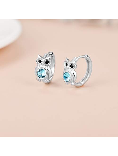 Sterling Silver Owl Hoop Earrings with Birthstone Crystals, Owl Jewelry Gifts for Women Daughter