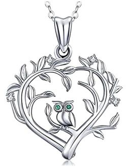 Tree of Life Owl Necklace, 925 Sterling Silver Owl Charm Hanging on Family Tree Pendant Necklace, 18 Inchs Owl Pendant Jewelry of Women Necklace, Tree of Life Gifts for W