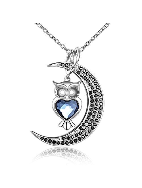 TOUPOP Moon with Owl Necklace | Detachable | Sterling Silver Pendant Necklace with Blue Heart Crystal Fashion Jewelry Gifts for Women Teen Girls Birthday Friend Christmas