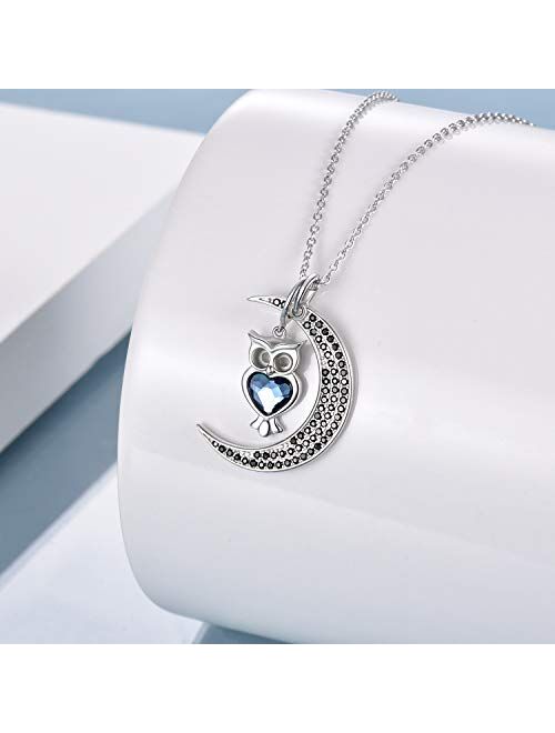 TOUPOP Moon with Owl Necklace | Detachable | Sterling Silver Pendant Necklace with Blue Heart Crystal Fashion Jewelry Gifts for Women Teen Girls Birthday Friend Christmas