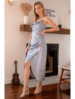 Simply Stunning Slate Blue Satin Floral Jacquard Midi Dress