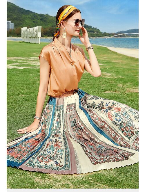 Embro Mill Summer Women's New Short-Sleeved Silk Top + Printed Mid-Length High-Waist Pleated Skirt Lady Two-Piece Suit S-XL