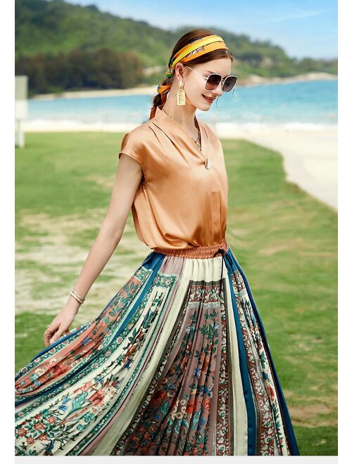 Embro Mill Summer Women's New Short-Sleeved Silk Top + Printed Mid-Length High-Waist Pleated Skirt Lady Two-Piece Suit S-XL