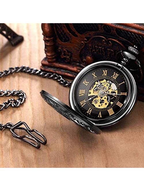 LKNJLL Pocket Watch Retro Classic Mechanical Steampunk Numerals Watch for Men Women with Chain + Gift Box