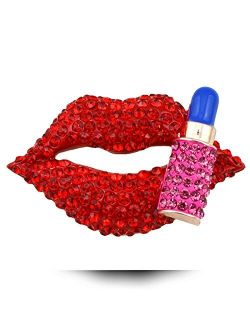 Reizteko Hot Lips Lipstick Rhinestone Brooch Pin Women Jewelry Sweater Shawl Scarf Buckle (White)