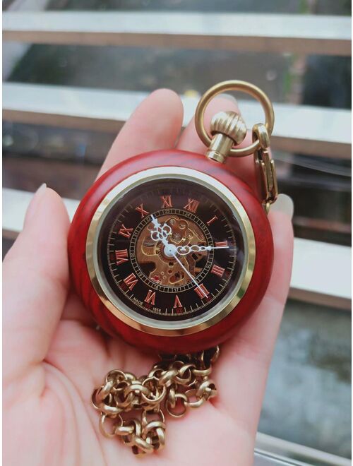 CLDR Red Wood Case Mechanical Pocket Watches Hand Wind Black Roman Dial  Pocket Watch Vintage  Gift Watches with Chain