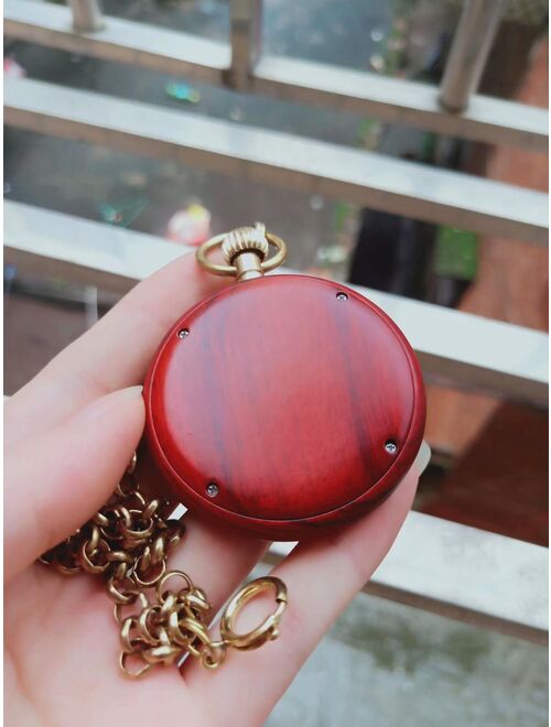 CLDR Red Wood Case Mechanical Pocket Watches Hand Wind Black Roman Dial  Pocket Watch Vintage  Gift Watches with Chain