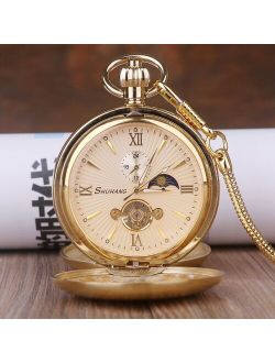 20pcs/lot Luxury Golden Moon Phase Mechanical Pocket Watch Roman Number Tourbillon Dial Pendant Chain Men Women Jewelry Gifts