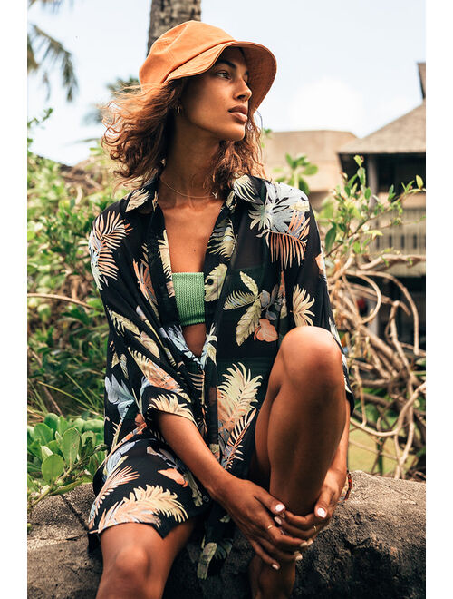 Lulus In the Tropics Sheer Black Tropical Print Shirt Dress