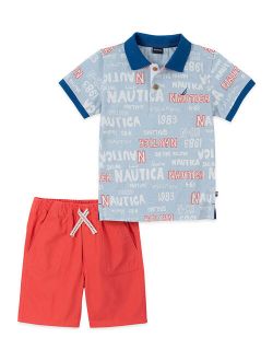 Light Blue 'Nautica' Polo & Salmon Drawstring Shorts - Toddler & Boys