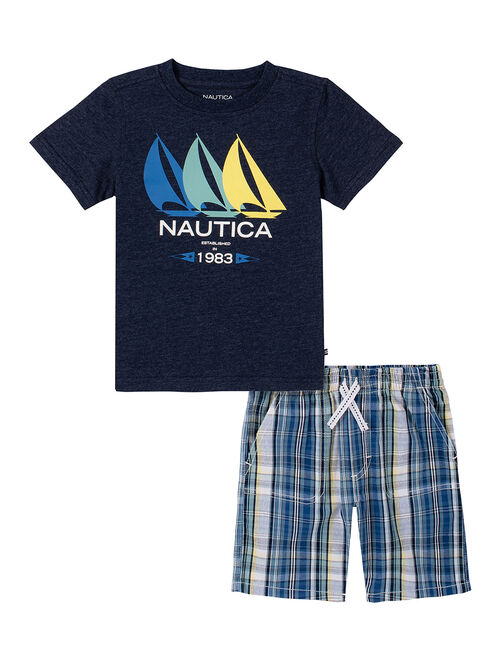 Navy 'Nautica' Ships Tee & Blue Plaid Drawstring Shorts - Infant & Boys