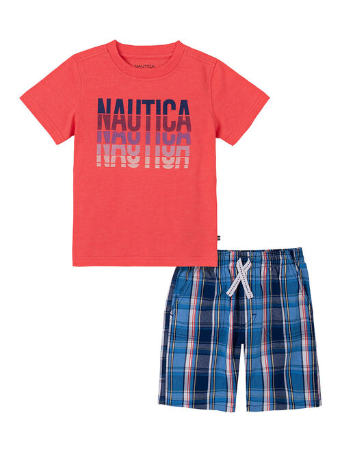 Nautica Dark Coral Logo Repeat Tee & Blue Plaid Drawstring Shorts - Infant