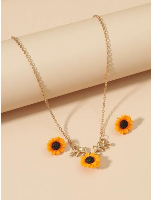 Shein 1pair Sunflower Design Earrings & 1pc Necklace
