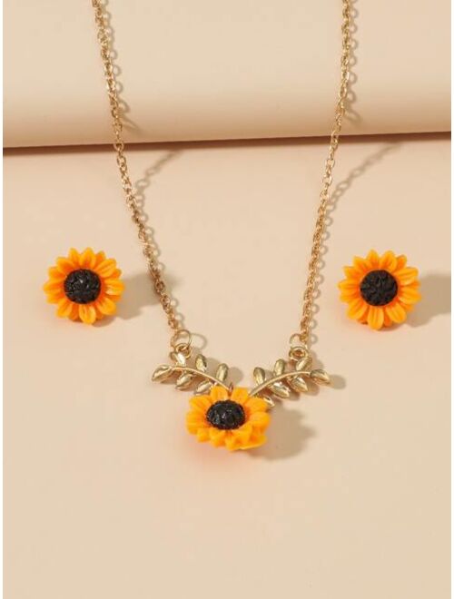 Shein 1pair Sunflower Design Earrings & 1pc Necklace