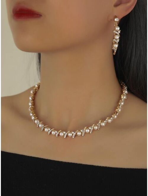 Shein 1pair Rhinestone & Faux Pearl Decor Earrings & 1pc Necklace