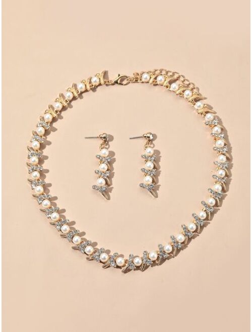 Shein 1pair Rhinestone & Faux Pearl Decor Earrings & 1pc Necklace