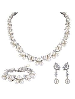 EVER FAITH Austrian Crystal CZ Simulated Pearl Victorian Style Necklace Earrings Bracelet Set Clear