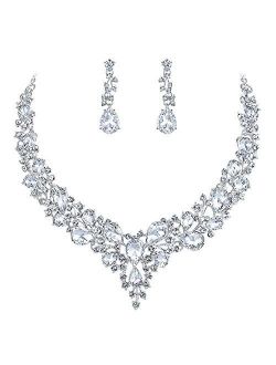 BriLove Women's Wedding Bridal Austrian Crystal Teardrop Cluster Statement Necklace Dangle Earrings Jewelry Set