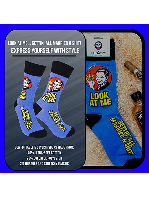 FUNATIC Look At Me Gettin All Married & Shit Novelty Crew Socks | Original Unisex Funny Wedding Day Gift Apparel for Men Women | Best Groom Bride Husband Wife Present Wit
