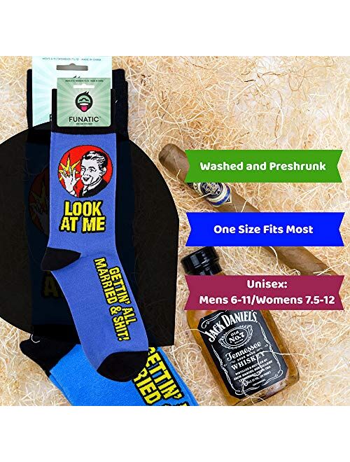 FUNATIC Look At Me Gettin All Married & Shit Novelty Crew Socks | Original Unisex Funny Wedding Day Gift Apparel for Men Women | Best Groom Bride Husband Wife Present Wit