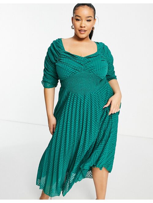 ASOS DESIGN Curve ruched front pleated midi dress with shirred waist in textured chevron in forest green