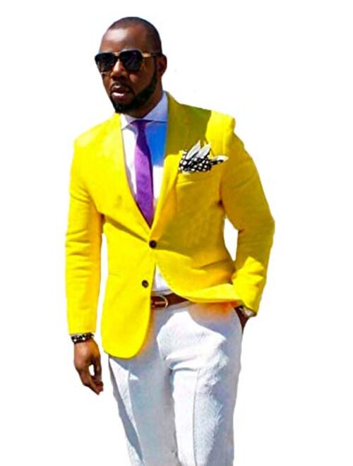 Botong Men's Yellow Jacket White Pants Wedding Suits 2 Pieces Men Suits Groom Tuxedos Party Suits