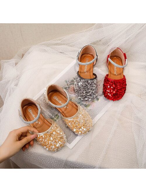 KEUEK New Children Shoes Glitter Cut-Outs Princess Student Performance Dress Summer Girls Sandals Baby Kids Flat Fashion Dance 019