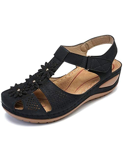 Vimisaoi Womens Wedge Sandals, Comfort Embroidered Hook and Loop Summer Athletic Flat Sandals Walking Shoes
