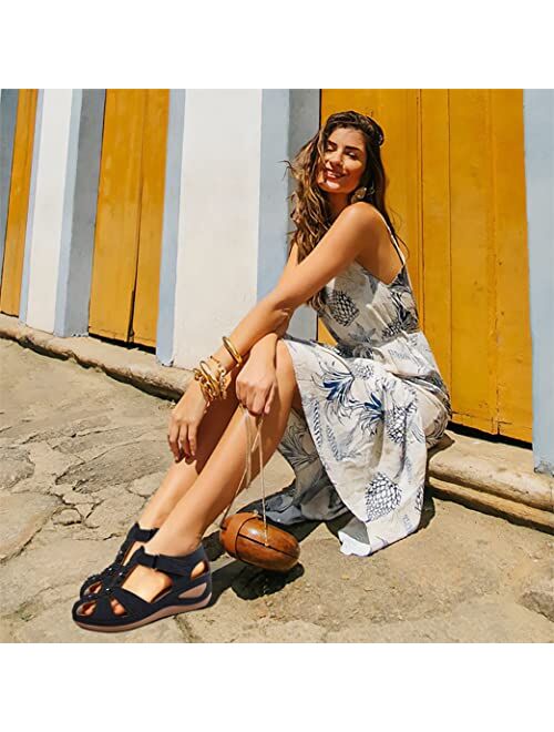 Vimisaoi Womens Wedge Sandals, Comfort Embroidered Hook and Loop Summer Athletic Flat Sandals Walking Shoes