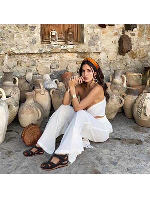 Vimisaoi Womens Wedge Sandals, Comfort Embroidered Hook and Loop Summer Athletic Flat Sandals Walking Shoes