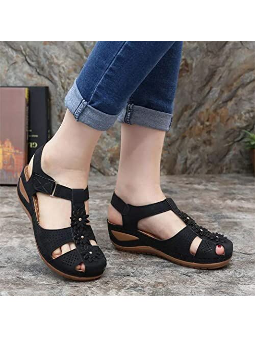 Vimisaoi Womens Wedge Sandals, Comfort Embroidered Hook and Loop Summer Athletic Flat Sandals Walking Shoes