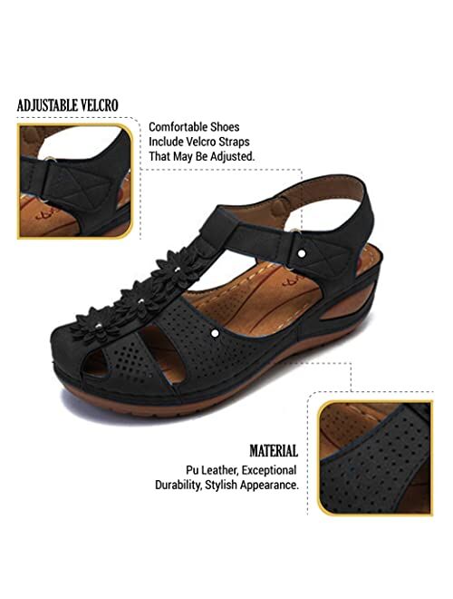 Vimisaoi Womens Wedge Sandals, Comfort Embroidered Hook and Loop Summer Athletic Flat Sandals Walking Shoes