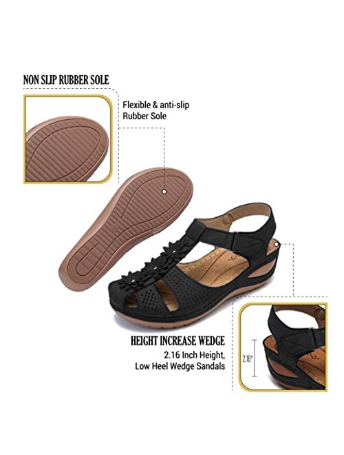 Vimisaoi Womens Wedge Sandals, Comfort Embroidered Hook and Loop Summer Athletic Flat Sandals Walking Shoes