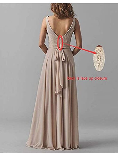 Fanciest V Neck Chiffon Bridesmaid Dresses Long Pleated Formal Dress for Women Evening Party Gowns with Pockets