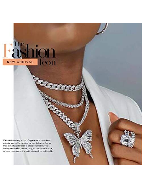 Earent Crystal Butterfly Choker Necklace Silver Cuban Link Chain Rhinestone Pendant Necklaces Chain Sparkly Butterfly Jewerly Party Accessories for Women and Girls
