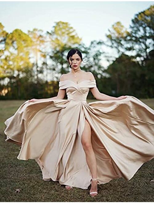 Ball Gown Satin Prom Dresses Long Off Shoulder Split Formal Wedding Dress for Women