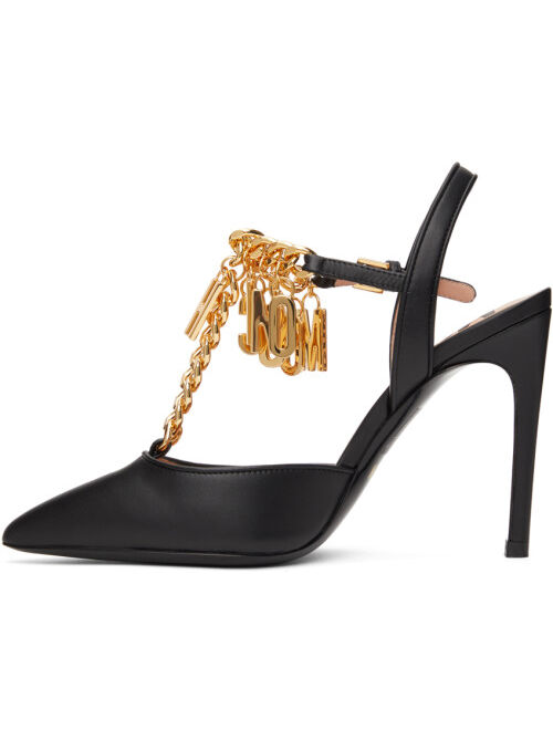 Moschino Black T-Strap Lettering Charm Heels