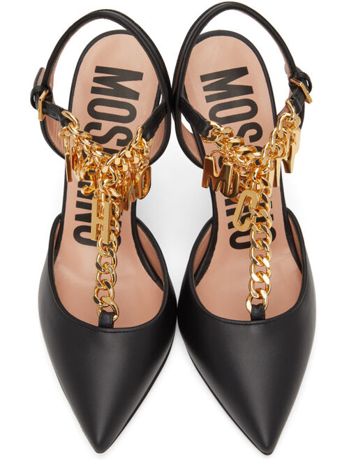 Moschino Black T-Strap Lettering Charm Heels