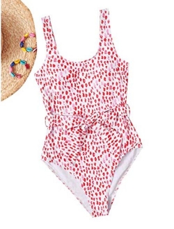 Women's One Piece Swimsuit Cute Belted All Over Print Swimwear Monokini