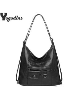 Yogodlns Casual PU Leather Tote Bags for Women Large Capacity Hobo Handbags Retro Patchwork Shoulder Bag Female Crossbody Shopper Bag