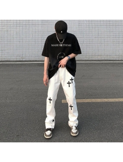 BiggOrange New 2021 hiphop brand printed cross overalls casual loose retro high waist trousers  streetwear gothic pants for men and women