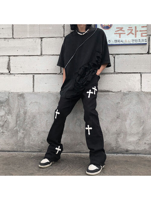 BiggOrange New 2021 hiphop brand printed cross overalls casual loose retro high waist trousers  streetwear gothic pants for men and women