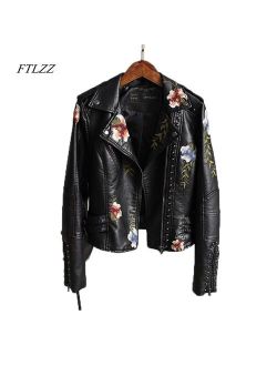 Ftlzz Women Floral Print Embroidery Faux Soft Leather Jacket Coat  Turn-down Collar Casual Pu Motorcycle Black Punk Outerwear