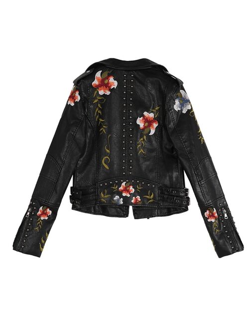 Ftlzz Women Floral Print Embroidery Faux Soft Leather Jacket Coat  Turn-down Collar Casual Pu Motorcycle Black Punk Outerwear
